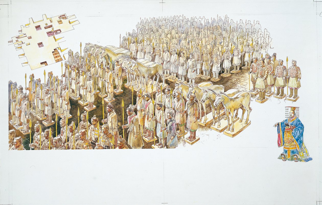 Terracotta-hæren i graven til keiser Qin Shi Huang (farge litho) av School Italian
