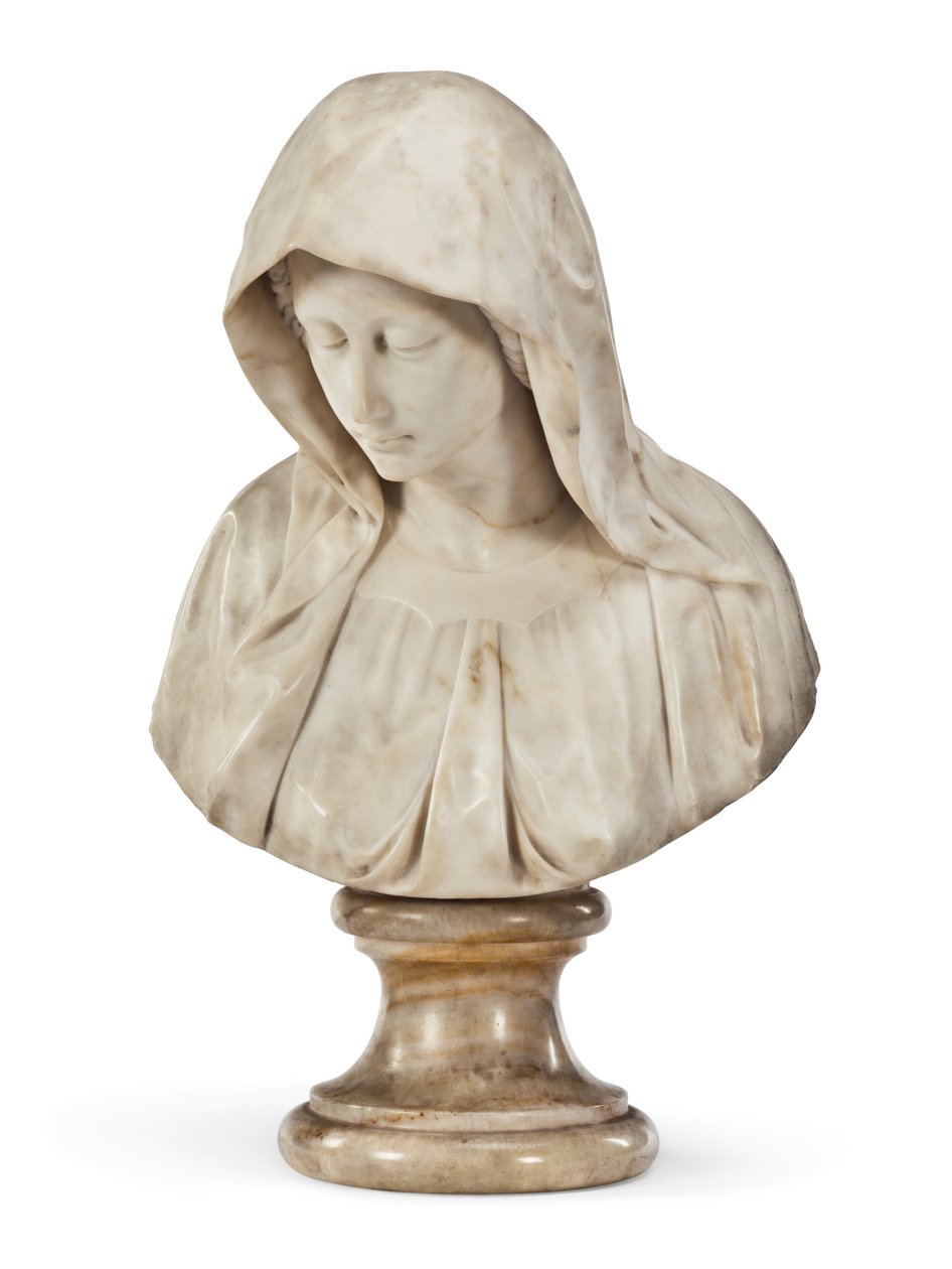 The Sorrowing Virgin (marmor på alabastbase) av School Italian