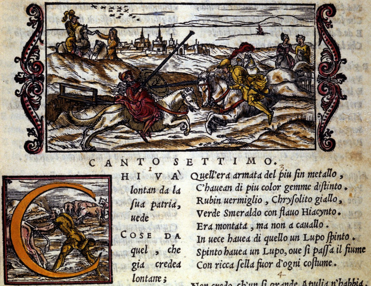 Den gigantiske Eryphila montert på en ulv kjemper Roger (Ruggero, Ruggiero) - Scene av ridderdiktet til "Orlando Furioso" (The Furious Roland) av Ludovico Ariosto (1474 - 1533) kalt L'Arioste, Chant VII av School Italian