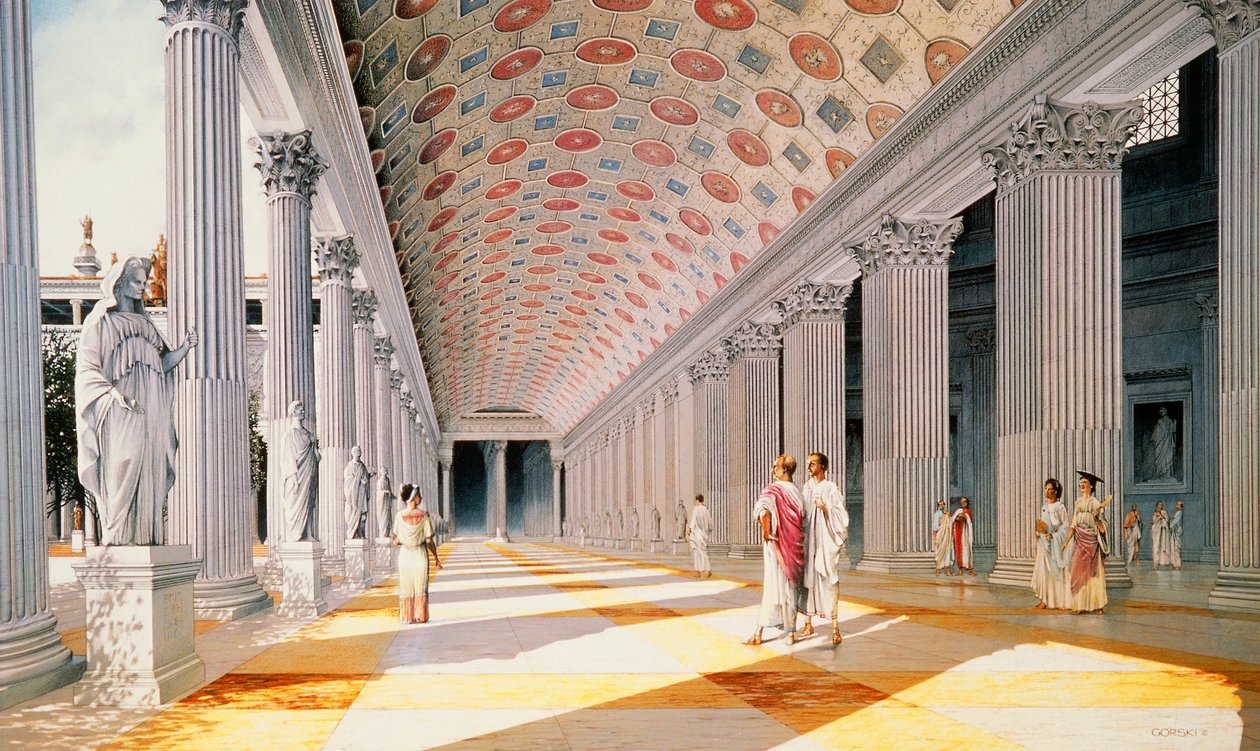 Trajans forum - rekonstruksjon av søylegangen (farge litho) av School Italian