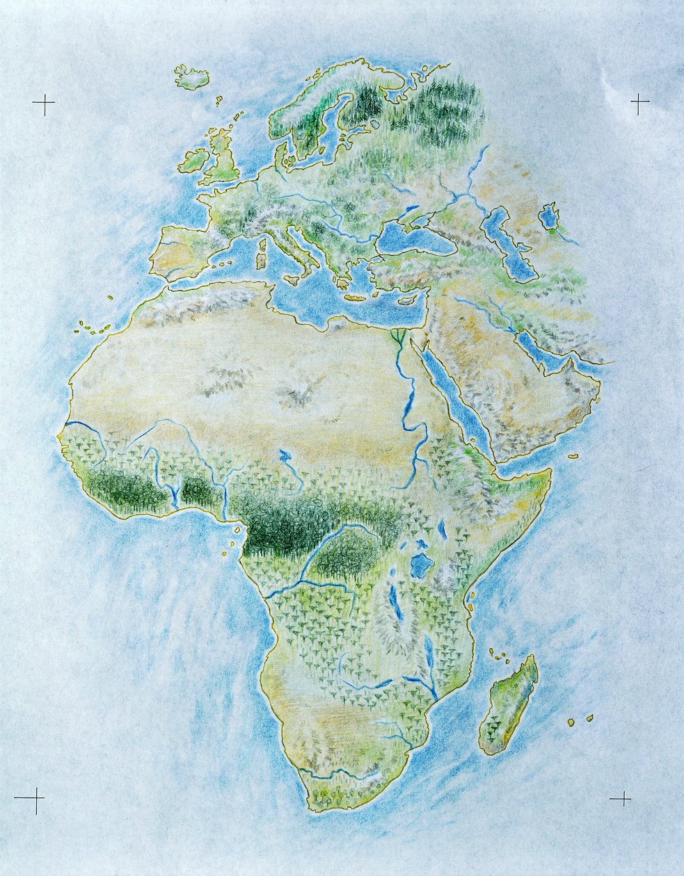 Umerket kart over Afrika og Europa (farge litho) av School Italian