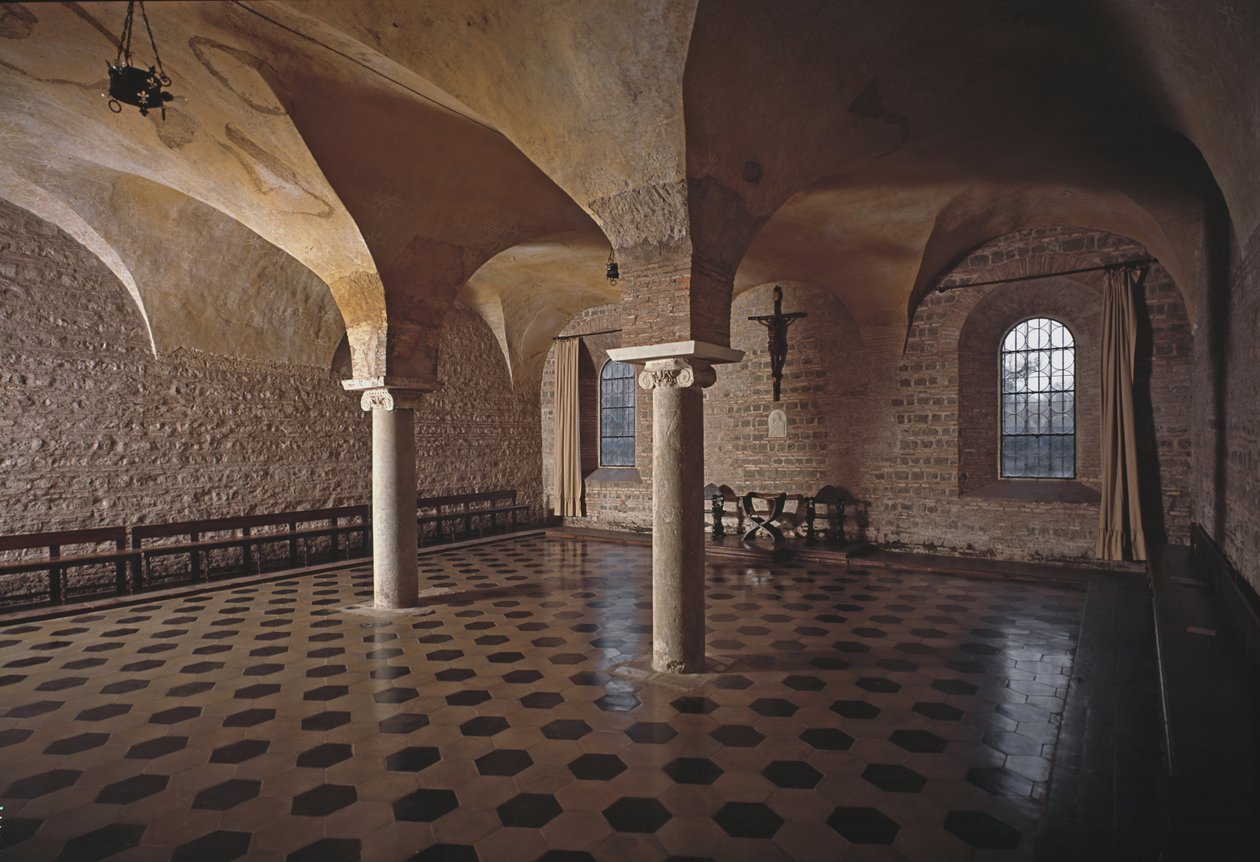 Utsikt over kapittelhallen til St. Vincent-kirken og St. Anasthasus Abbey of the Three Fountains (Tre-Fontane) (Chiesa dei Santi Vincenzo e Anastasio alle Tre Fontane) (Kapitelhuset til St. Vincenzo e Anastasio-kirken, abbazia delle Tre Font av School Italian
