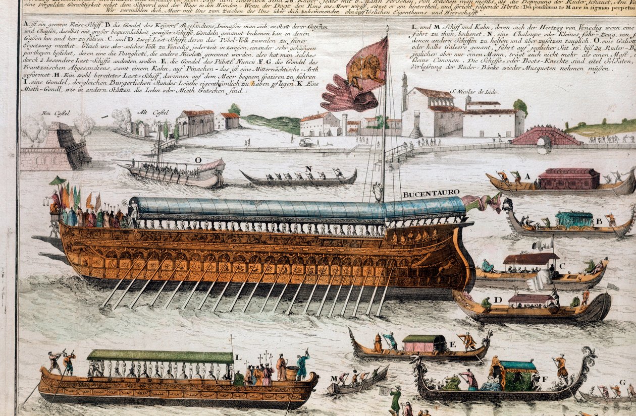Utsikt over Venezia-lagunen og Bucentaur. (Bucentauro) På Kristi himmelfartsdag krysset dogen Venezia-lagunen for å nå munningen av det åpne hav ombord på et skip kalt Bucentaur. Gravering. Venezia, correr museum av School Italian