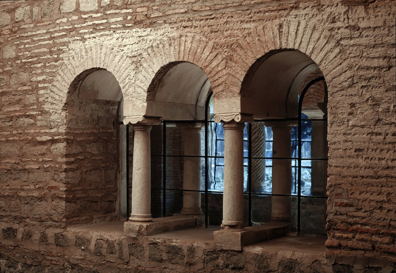 Utsikt over klosteret til kirken Saint Vincent og Saint Anasthasus, klosteret til de tre fontenene (Tre-Fontane) (Chiesa dei Santi Vincenzo e Anastasio alle Tre Fontane) (Utsikt over klosteret til kirken St Vincenzo e Anastasio, abbazia delle T av School Italian