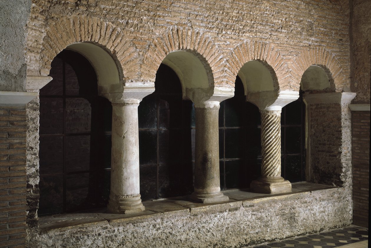 Utsikt over klosteret til kirken Saint Vincent og Saint Anasthasus, klosteret til de tre fontenene (Tre-Fontane) (Chiesa dei Santi Vincenzo e Anastasio alle Tre Fontane) (Utsikt over klosteret til kirken St Vincenzo e Anastasio, abbazia delle T av School Italian