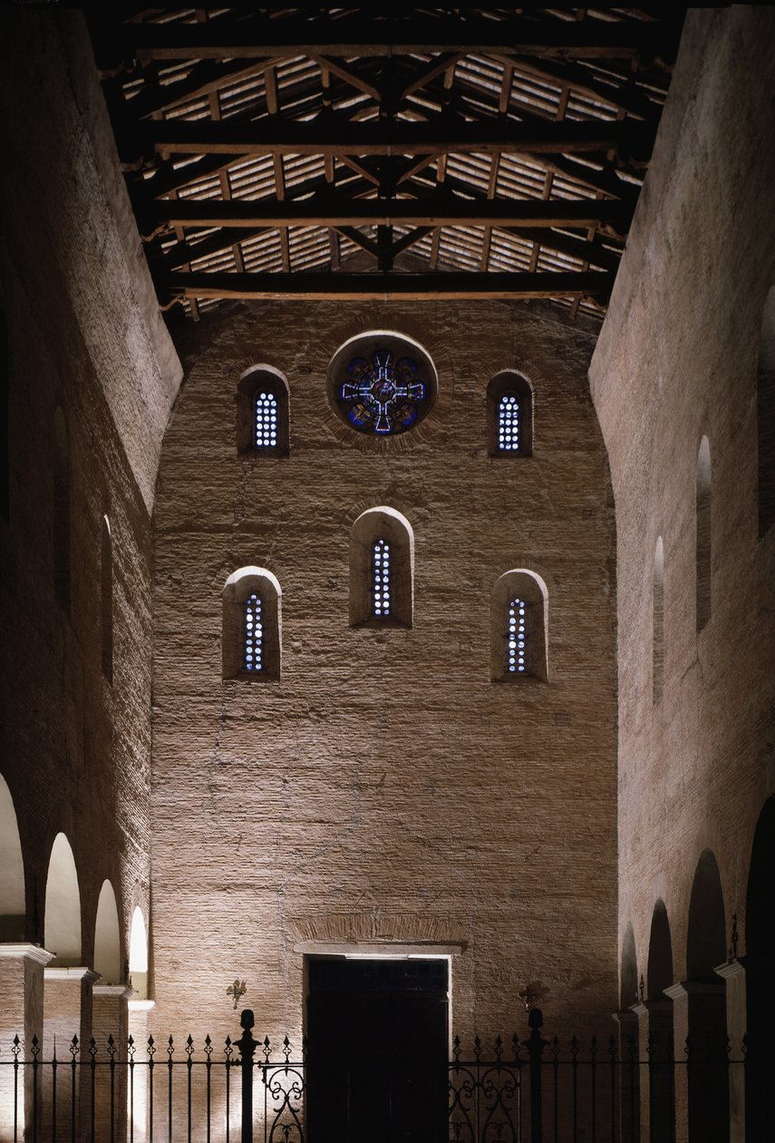 Utsikt over motfasaden til kirken Saint Vincent og Saint Anasthasus, Abbey of the Three Fountains (Tre-Fontane) (Chiesa dei Santi Vincenzo e Anastasio alle Tre Fontane) (Interiørutsikt bak fasaden til kirken St Vincenzo e Anastasio, ab av School Italian
