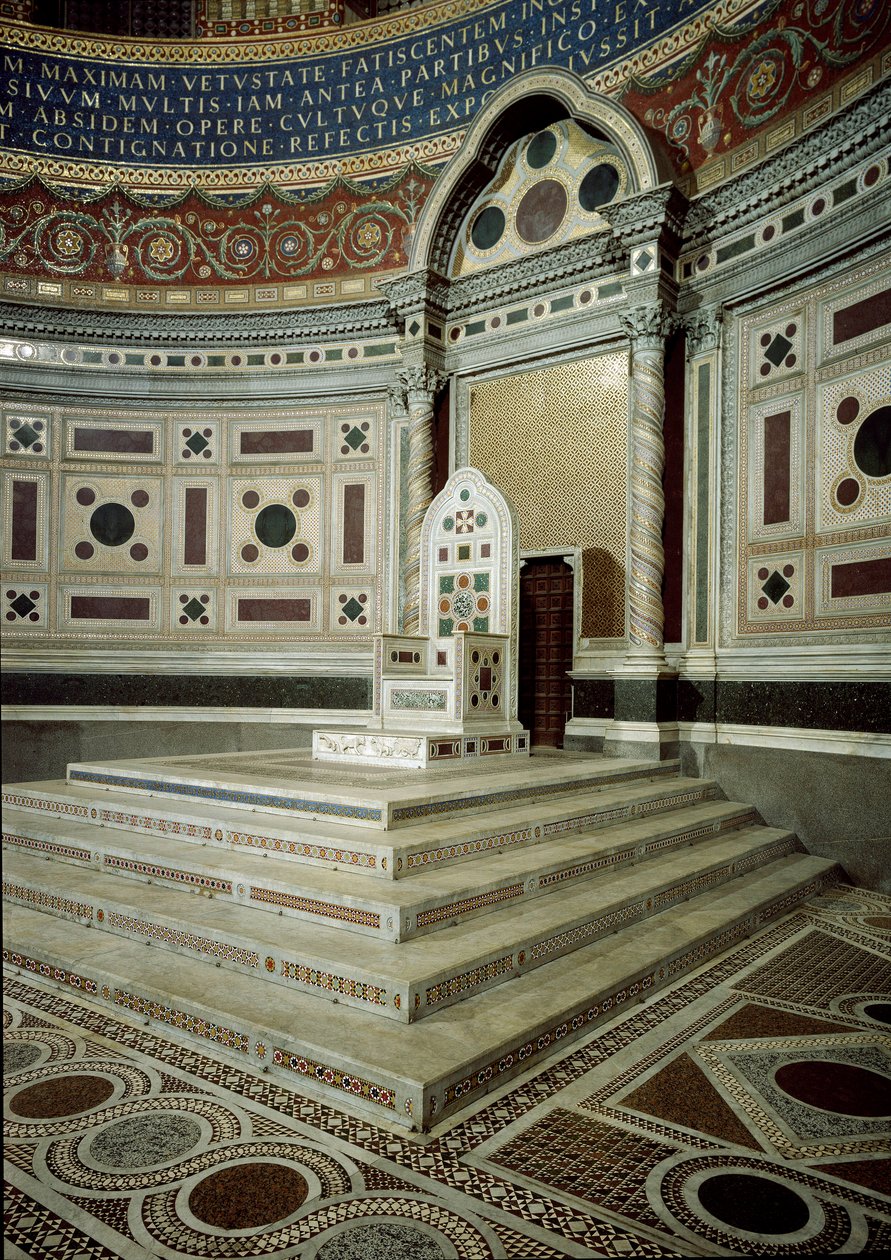 Utsikt over den bispelige trone i den pavelige prekestolen til apsis i Basilica of St. John Laterano (San Giovanni in Laterano). Roma av School Italian