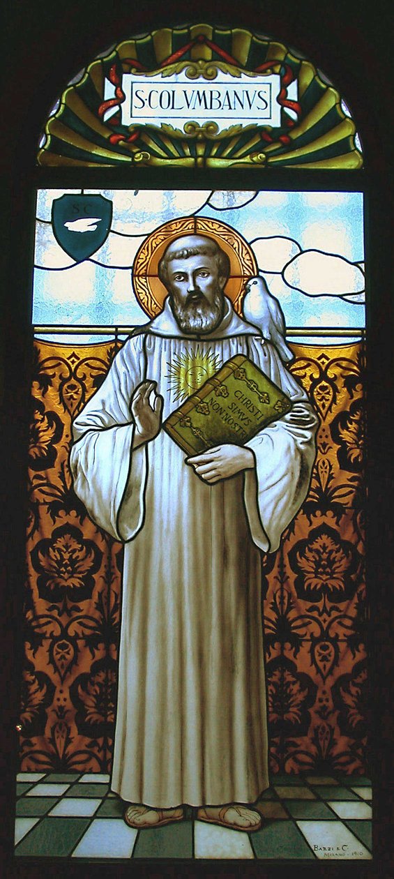 Vindu som viser St. Columbanus (farget glass) av School Italian