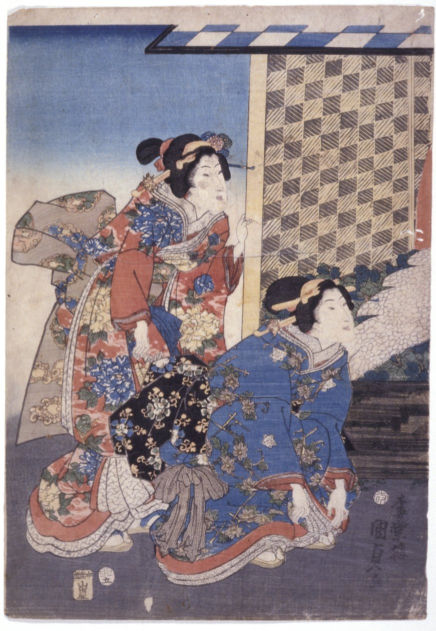 2 kvinner (en knelende) (fargetresnitt) av School Japanese