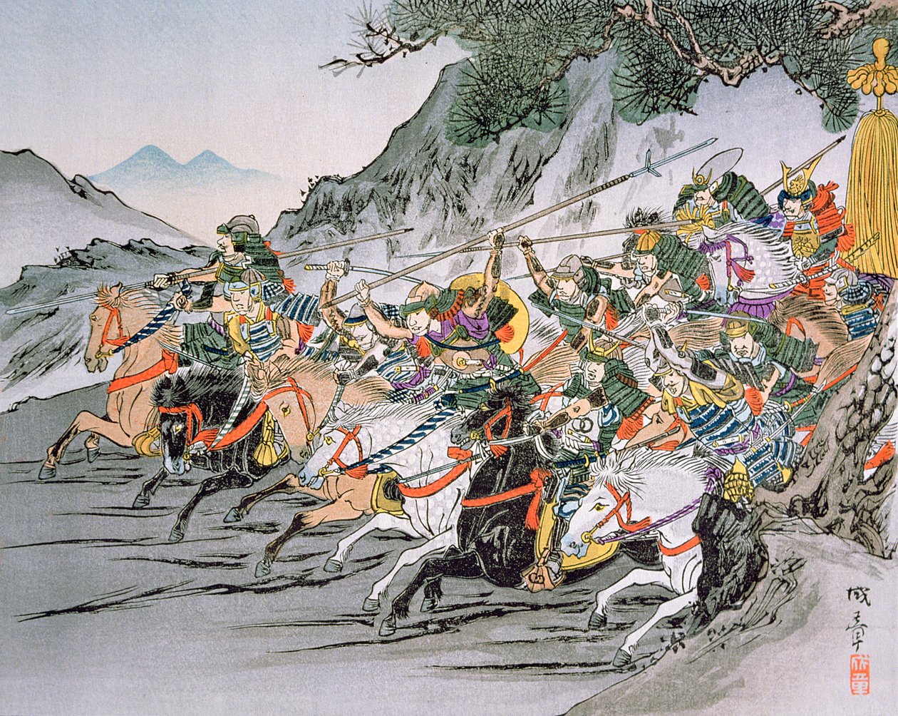 Slaget ved Shizugatake Pass 1583 (farge litho) av School Japanese