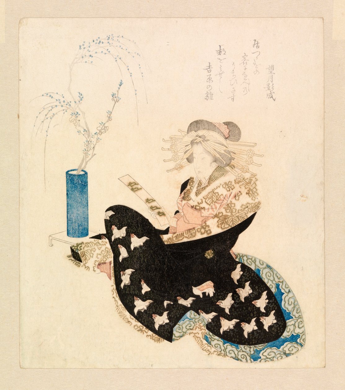 Courtesane leser en tanzaku (fargetresnitt) av School Japanese