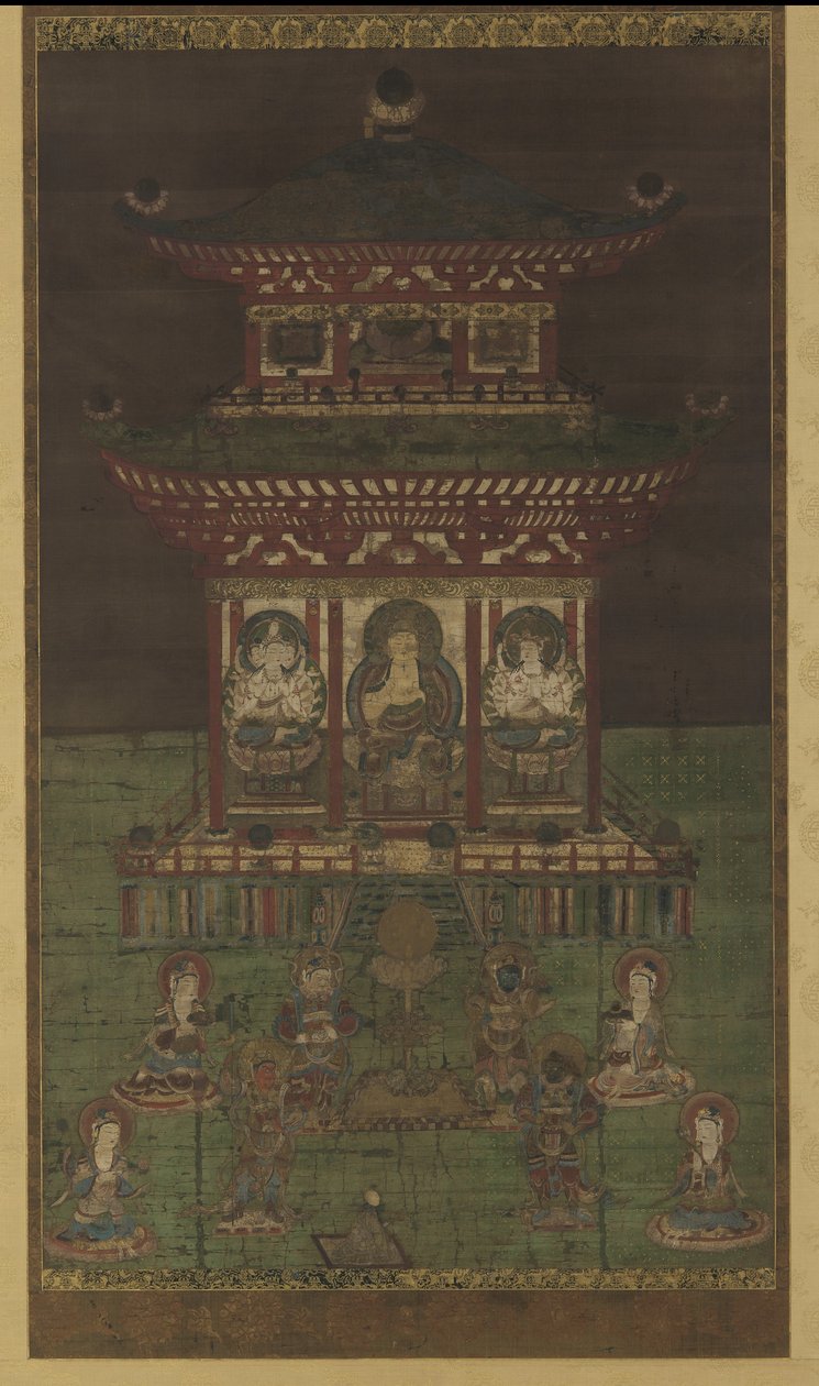Horokaku Mandara: Buddha og tilhørende guddommeligheter, Heian-perioden (farge og gull på silkepanel) av Japanese School