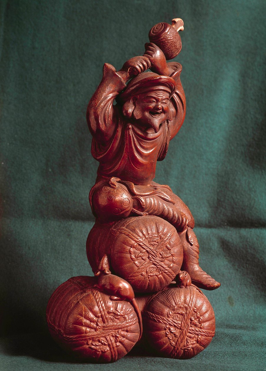 Japansk kunst: den japanske guden Daikoku (Daikokuten), beskyttere av bønder og gud for jordbruk. Paris, Guimet-museet, Nasjonalmuseet for asiatisk kunst av Japanese School