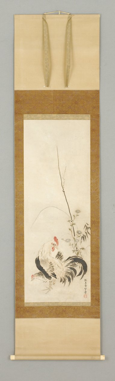 Kakemono, hane og høne m/blomster av Japanese School