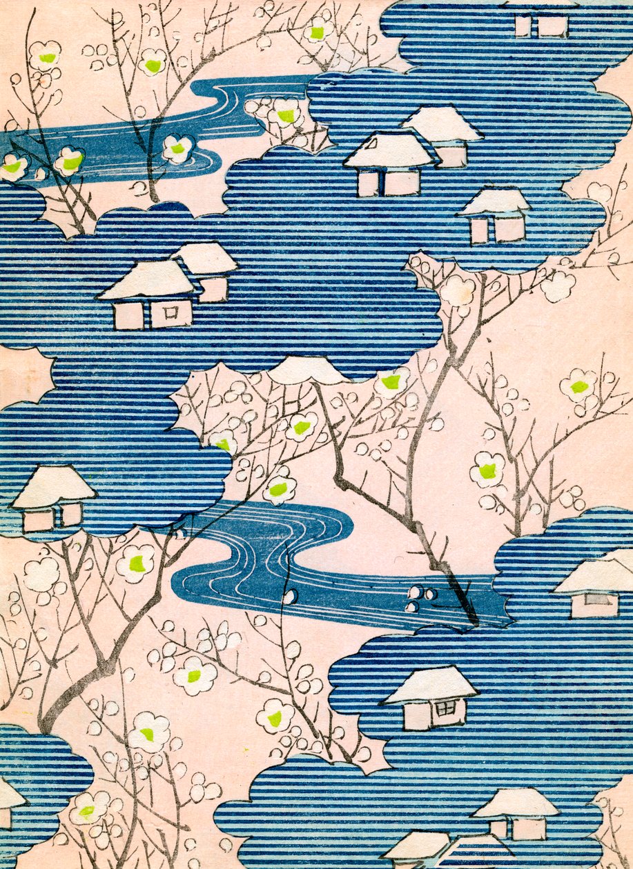 Mønster for et Kimono-design: Hytter med elver og kirsebærblomster, ca. 1900 (farget treblokktrykk) av School Japanese
