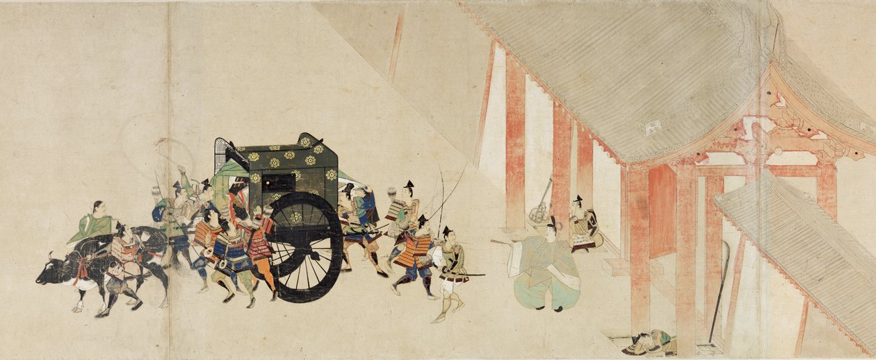 Illustrated Tale of the Civil War, The Imperial Visit to Rokuhara (Illustrated Tale of The Civil War, The Imperial Visit to Rokuhara) - Anonymt verk, akvarell og blekk på papir, andre rull av School Japanese