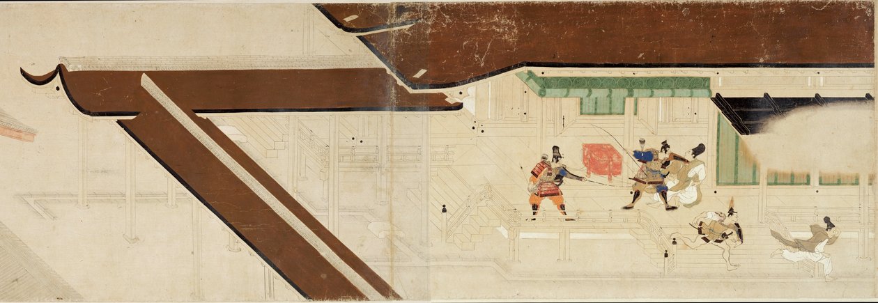 Illustrert historie om opprøret til Heiji (1159-1160) (Visite imperiale a Rokuhara) (Illustrert fortelling om borgerkrigen, Det keiserlige besøket til Rokuhara) - Anonymt verk, akvarell og blekk på papir, første rull av School Japanese