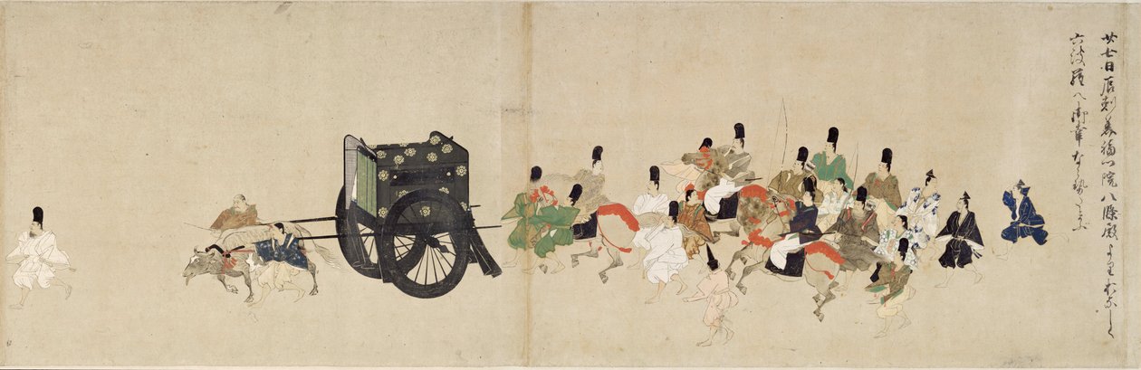 Illustrated Tale of the Civil War, The Imperial Visit to Rokuhara (Illustrated Tale of The Civil War, The Imperial Visit to Rokuhara) - Anonymt verk, akvarell og blekk på papir, femte rull av School Japanese