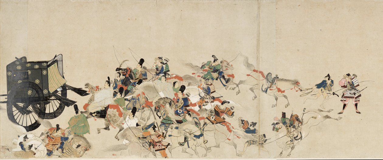Illustrated Tale of the Civil War, The Imperial Visit to Rokuhara (Illustrated Tale of The Civil War, The Imperial Visit to Rokuhara) - Anonymt verk, akvarell og blekk på papir, tredje rulle av School Japanese