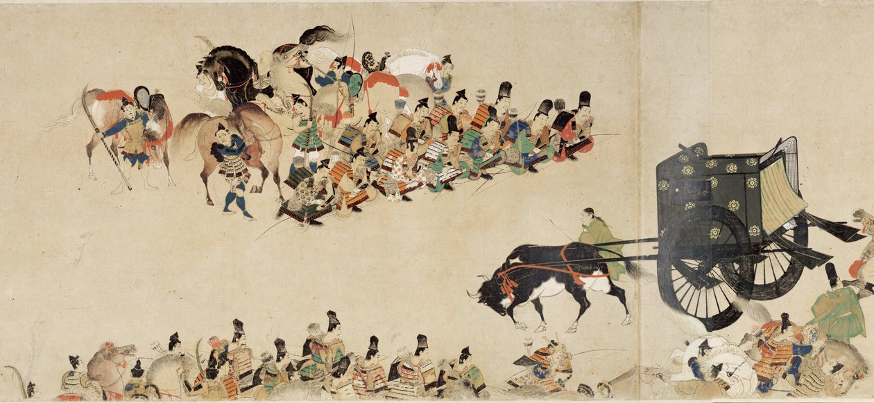 Illustrated Tale of the Civil War, The Imperial Visit to Rokuhara (Illustrated Tale of The Civil War, The Imperial Visit to Rokuhara) - Anonymt verk, akvarell og blekk på papir, fjerde rulle av School Japanese