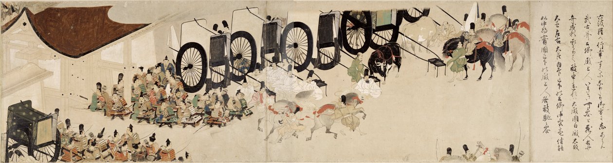 Illustrert historie om opprøret til Heiji (1159-1160) (Visite imperiale a Rokuhara) (illustrert fortelling om borgerkrigen, Det keiserlige besøket i Rokuhara) - Anonymt verk, akvarell og blekk på papir, sjette rulle av School Japanese