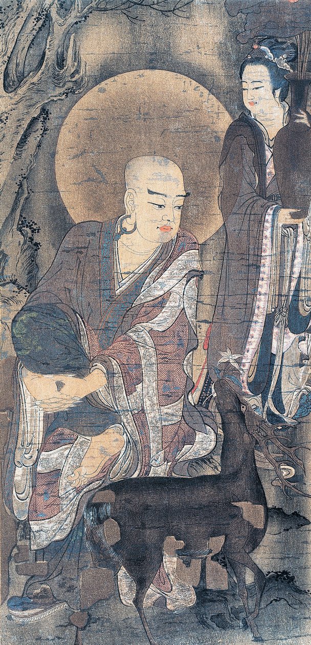 Religiøst maleri som viser ung munk med doe, maleri på silke, japansk sivilisasjon, Heian-perioden, 794-1185 av School Japanese