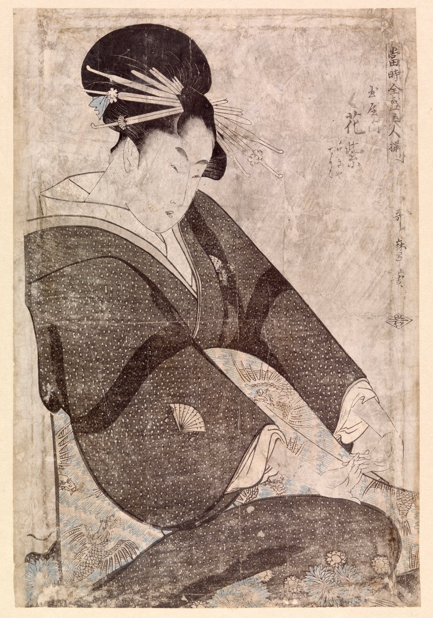 Sittende japansk kvinne (fargetresnitt) av School Japanese