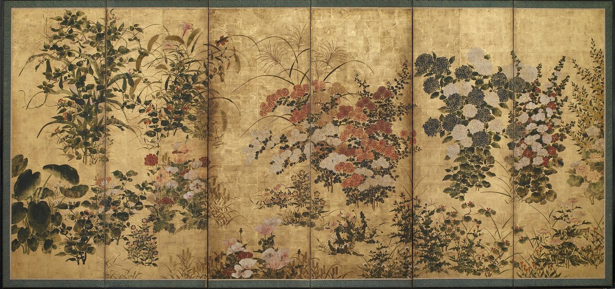 Sommer- og høstblomster, Edo-perioden (farge over gull på papir) av Japanese School