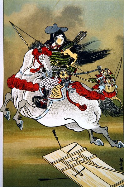 Tomoe, en modig kvinnekriger i Japan under Genji- og Heishi-perioden (fargelitho) av School Japanese