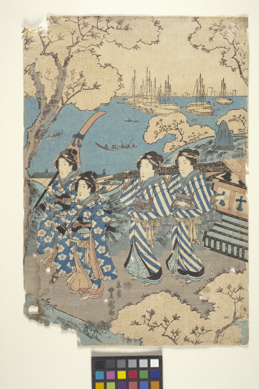 Toto: Flower-Viewing At Gotenyama, 2 (Del av Triptych) (fargetresnitt) av School Japanese