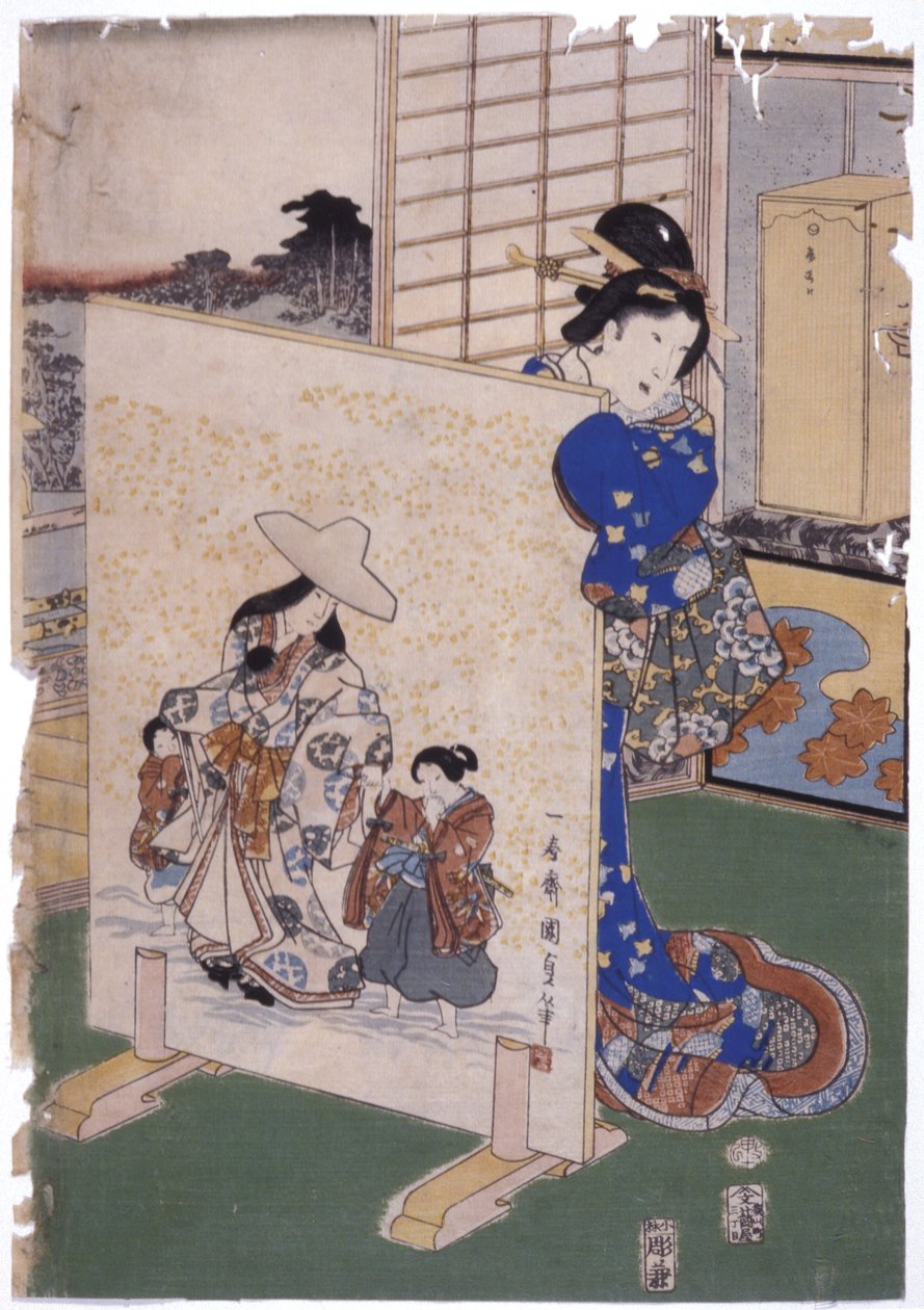 Kvinne står bak Tsuitate med maleri S. "Kunisada" (fargetresnitt) av School Japanese