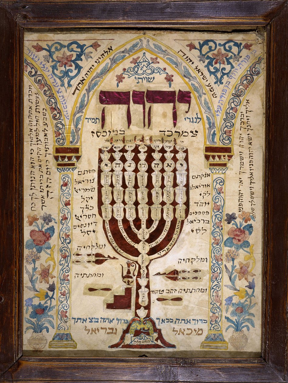 Alsace Misrach som indikerer retningen til Jerusalem i de jødiske husene og representerer Menorah eller Menora (sju-spisset lysestake). Musée d'Art et Traditions Populaire de Marmoutier av School Jewish