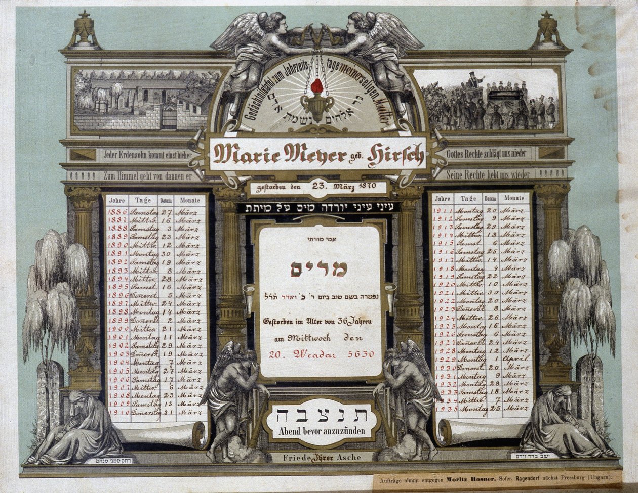 Minnekalender for fremtidige begravelsestjenester til en avdød nær slektning. Jahrzeit-maleri. Jødisk museum i Basel, Sveits. av School Jewish