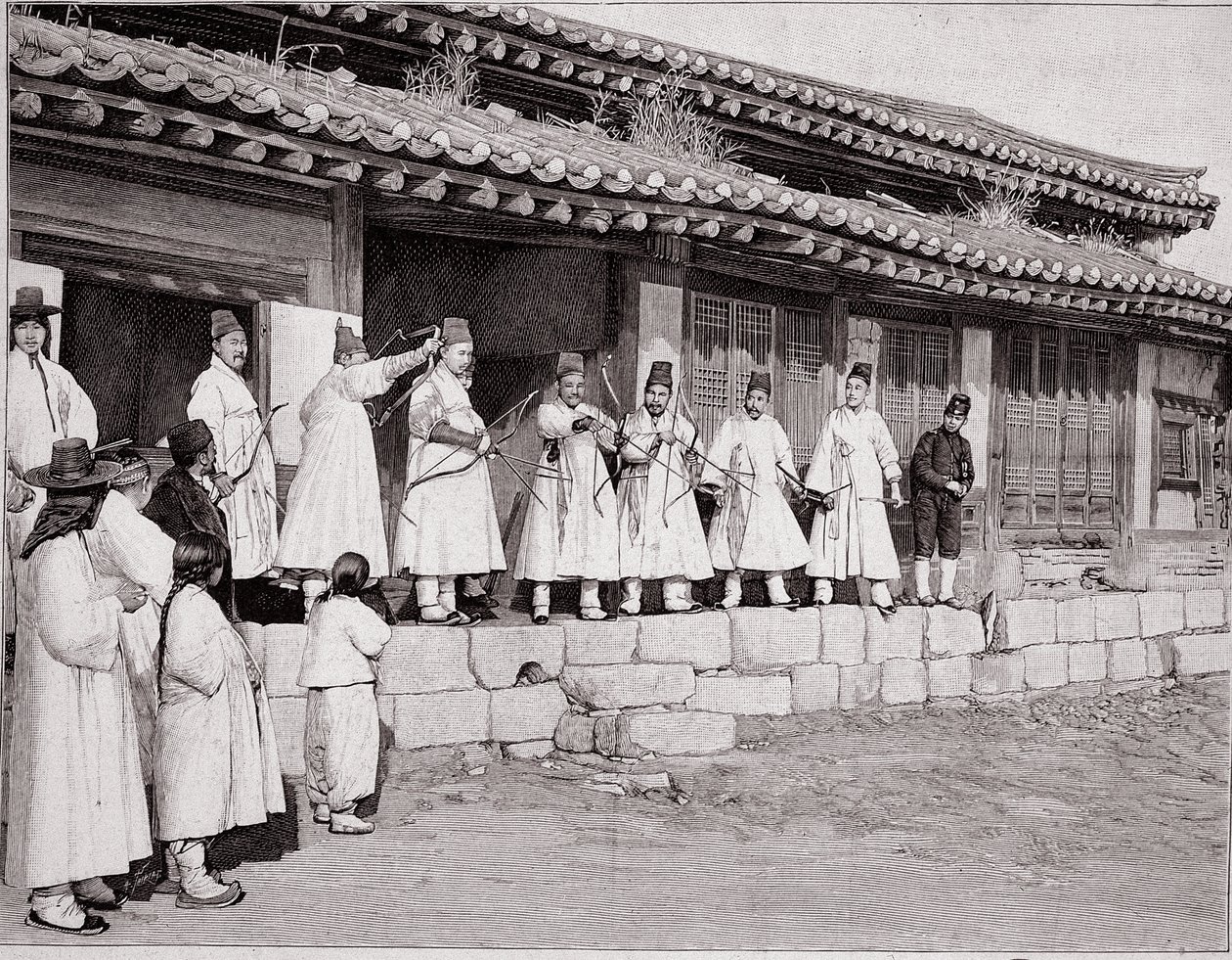 Bueskyttere i det gamle palasset i Seoul, Korea, slutten av 1800-tallet av School Korean