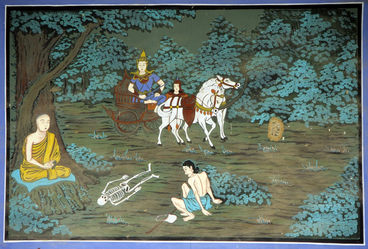 Buddha i meditasjon og skjelett. Fresco i Yongju-tempelet, Suwon-regionen, Korea. av School Korean