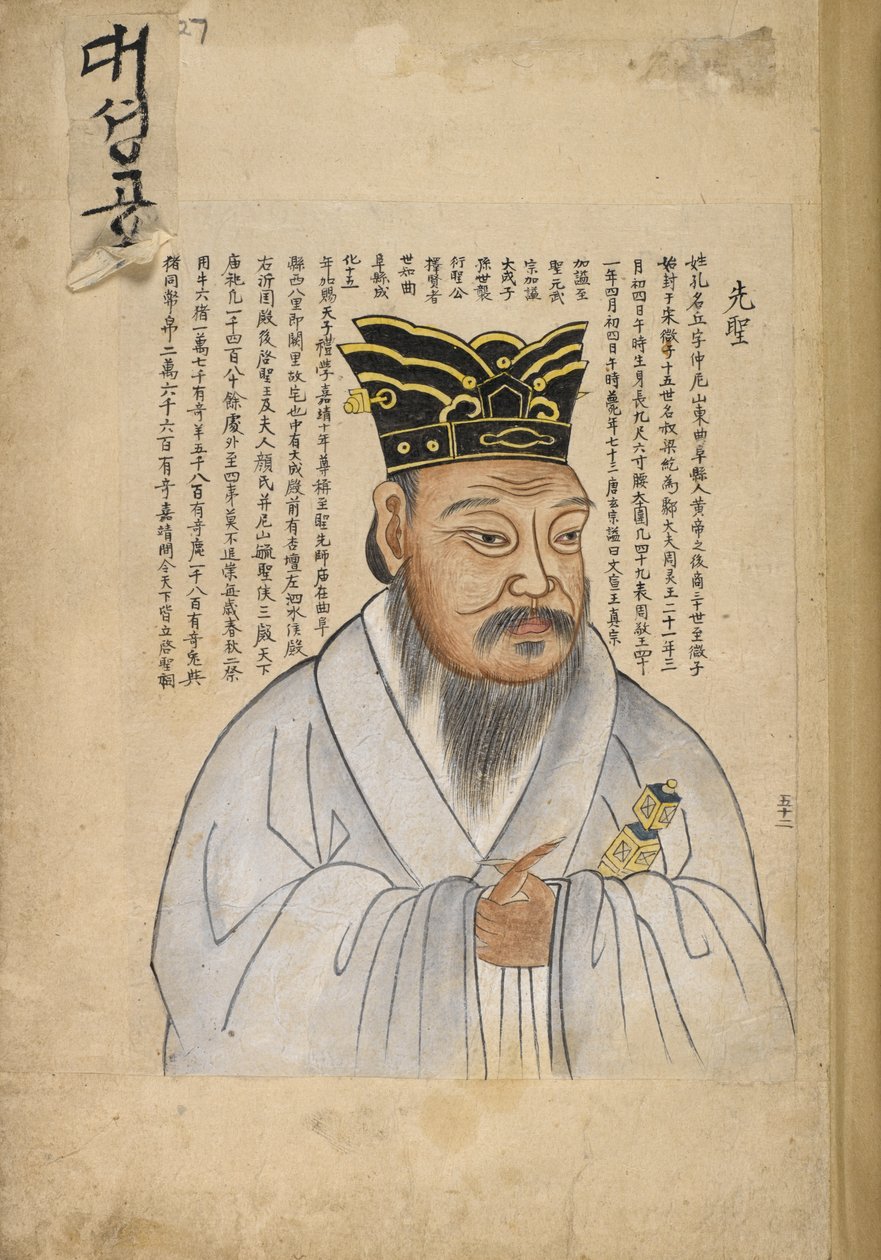 Confucius, et portrett av den kinesiske filosofen fra et koreansk album, 