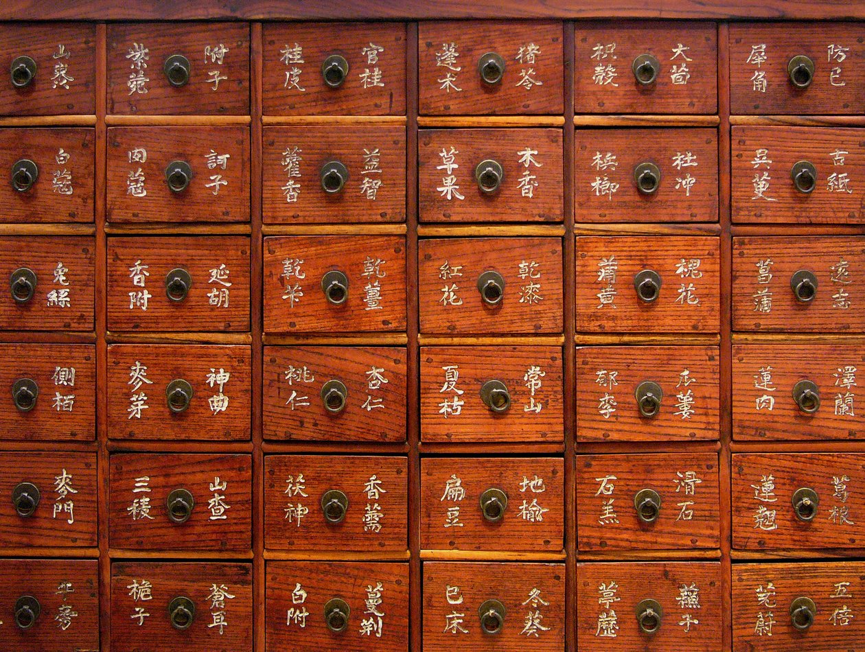 Detalj av et medisinsk tremøbel, Joseon-perioden, Coree, Kim Chong-hak-samlingen. Fotografi, Seoul nasjonalmuseum, Republikken Korea, 2006. av School Korean