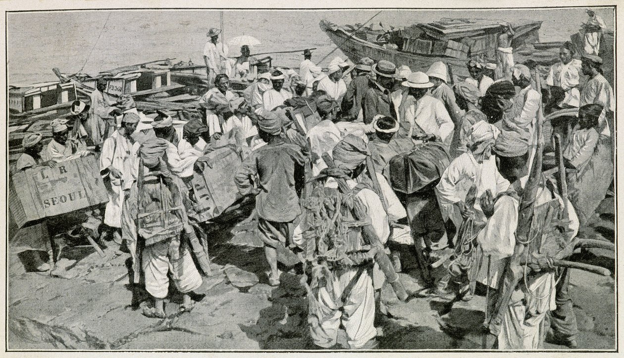 Koreanske portører i Chemulpo-havnen (Sør-Korea), løsner søppelet - Illustrasjon etter et fotografi fra 1800-tallet av J. de Pange, Fra Travel in Korea av doktor Hagen av School Korean