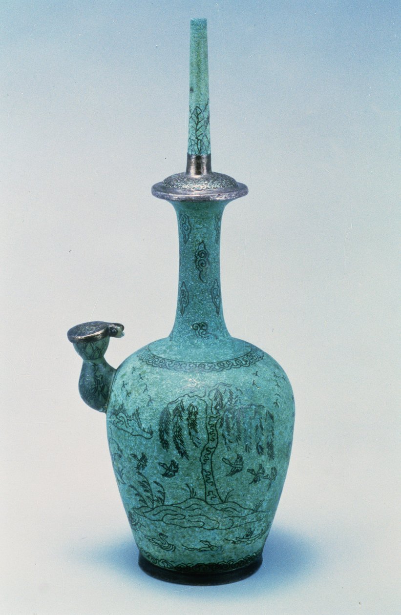 Kundika innlagt med design som viser fugler og et tre i sølv, Koryo-dynastiet, 918-1392 e.Kr. (bronse) av School Korean