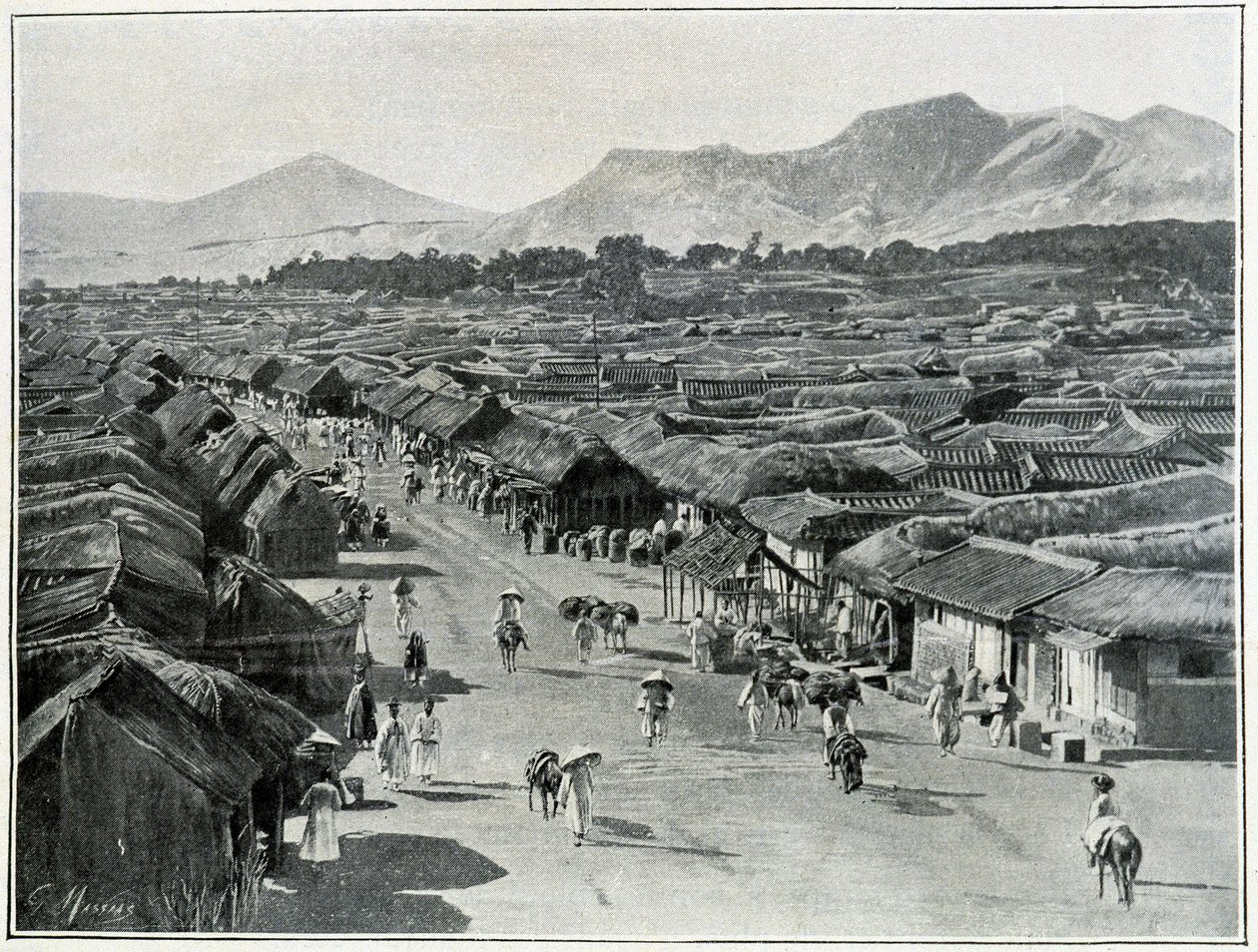 Utsikt over hovedgaten i Seoul, hovedstaden i Korea på 1800-tallet av School Korean