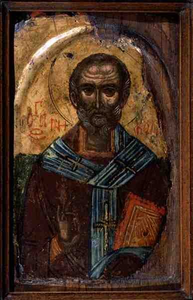 St. Nicholas, ca. 1600 (tempera på panel) av School Macedonian