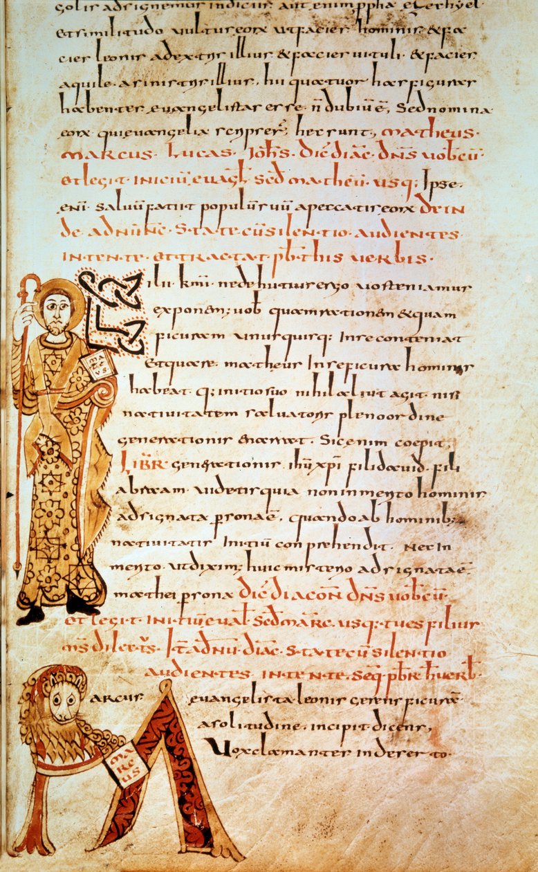 Saint Matthew; letter M (head of the lion of Saint Mark). Page in “” Sacramentary of Gellone”, folio 42. Enluminated by David, v. 790, France, Meaux or Cambrai. BN, Paris av School Merovingian
