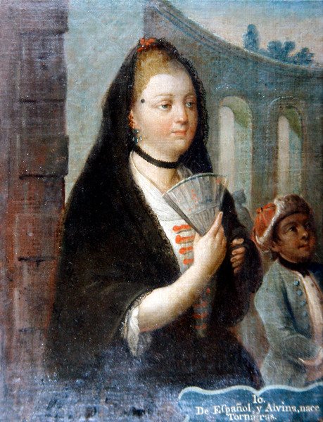 Et portrett av en dame med et svart slør som holder en vifte (olje på lerret) av School Mexican