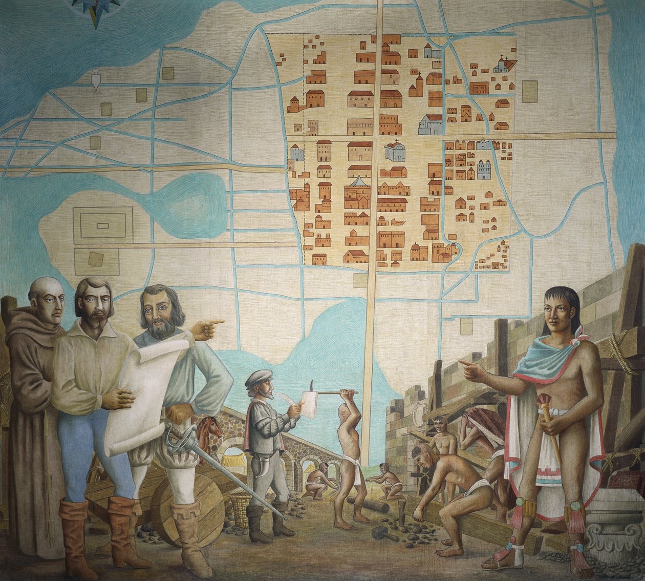 Tre menn står i en konstruksjon, Mexico City, Mexico av School Mexican