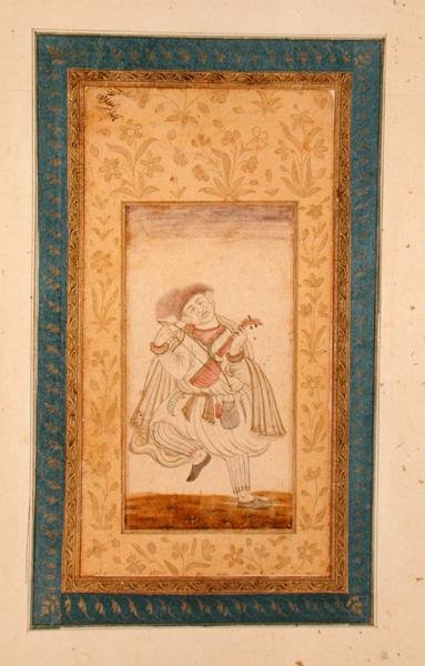 En dansende Sarangi-spiller, musiker fra Mughal-domstolen, fra Large Clive Album (tonet tegning) av School Mughal