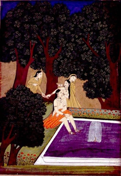 En dame ved et basseng, Johnson Album IX, nr.16, ca. 1780 (gouache med gull på papir) av School Mughal