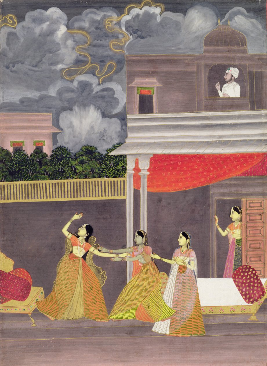 En dame hentet inn fra en storm om natten: illustrasjon fra den musikalske modusen Madhu Madhavi, ca. 1760 (gouache på papir) av School Mughal