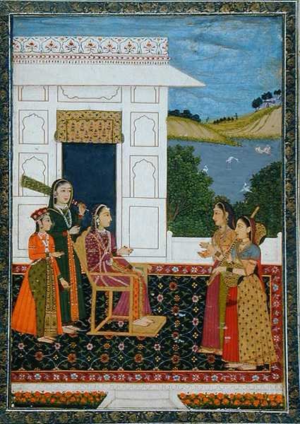 En dame med ledsagere på en terrasse, fra Small Clive Album (ugjennomsiktig akvarell på papir) av School Mughal