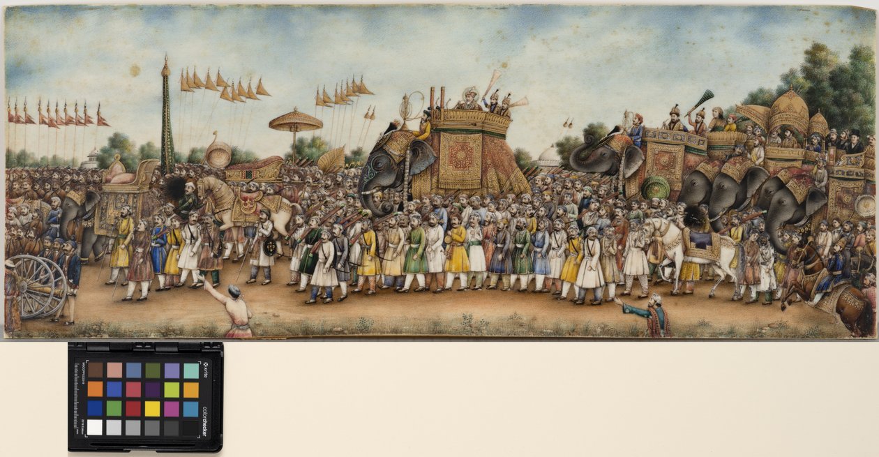 Akbar Shah II rir på en elefant i en enorm prosesjon, ca. 1835 (ugjennomsiktig akvarell og gull på elfenben) av School Mughal