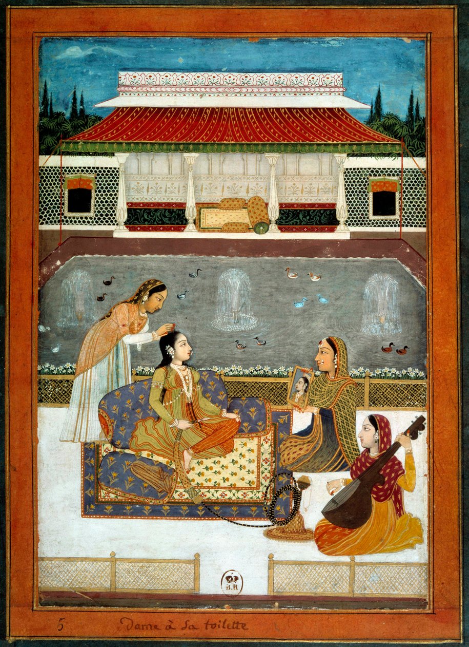 En indisk prinsesse har sitt miniatyrtoalett fra Mughole School of 1740. av School Mughal